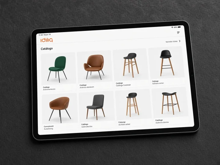 iPad con el catálogo de mobiliario de diseño idiliq en pantalla.