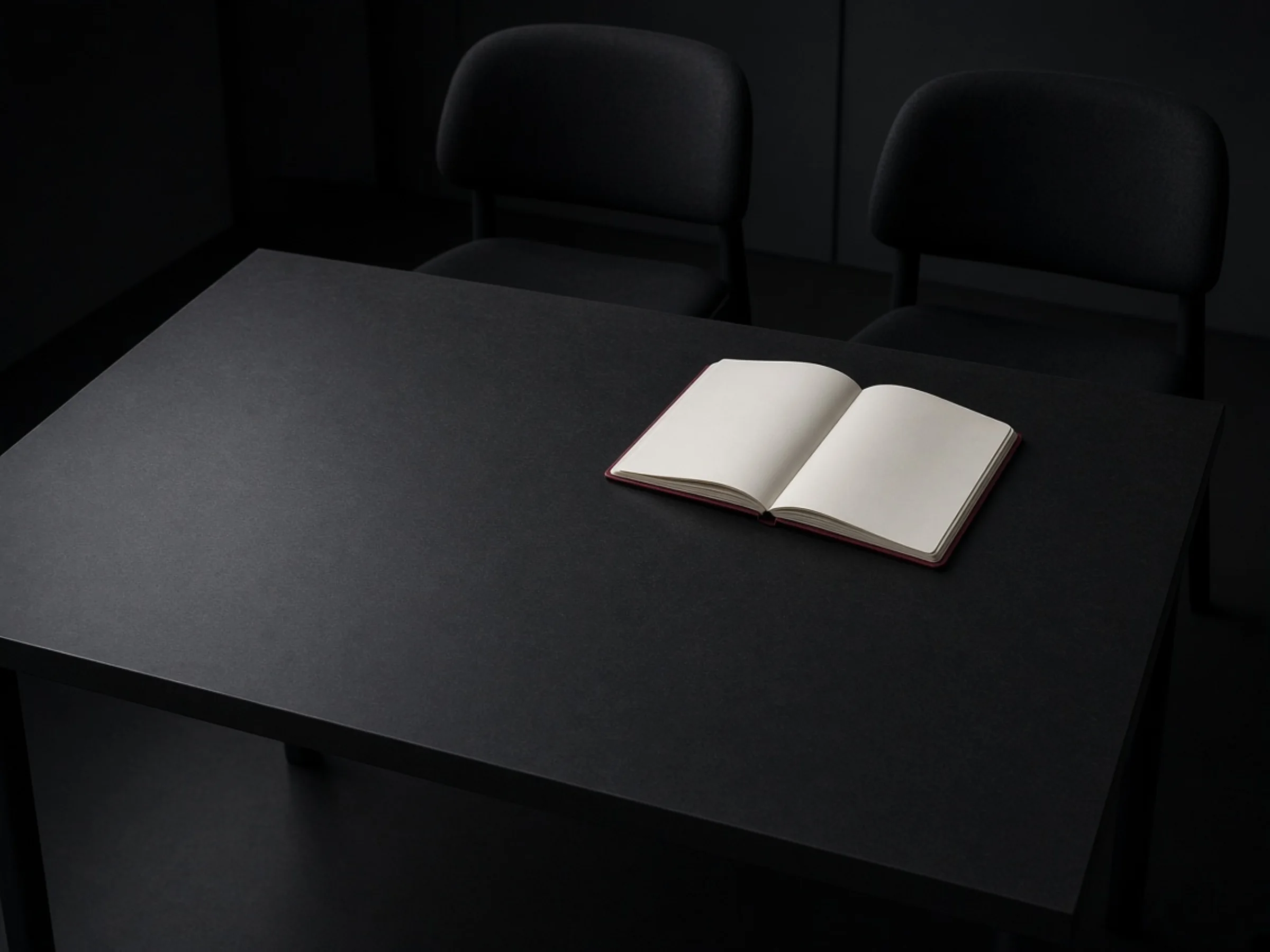 Una mesa con un cuaderno, en un escritorio oscuro.