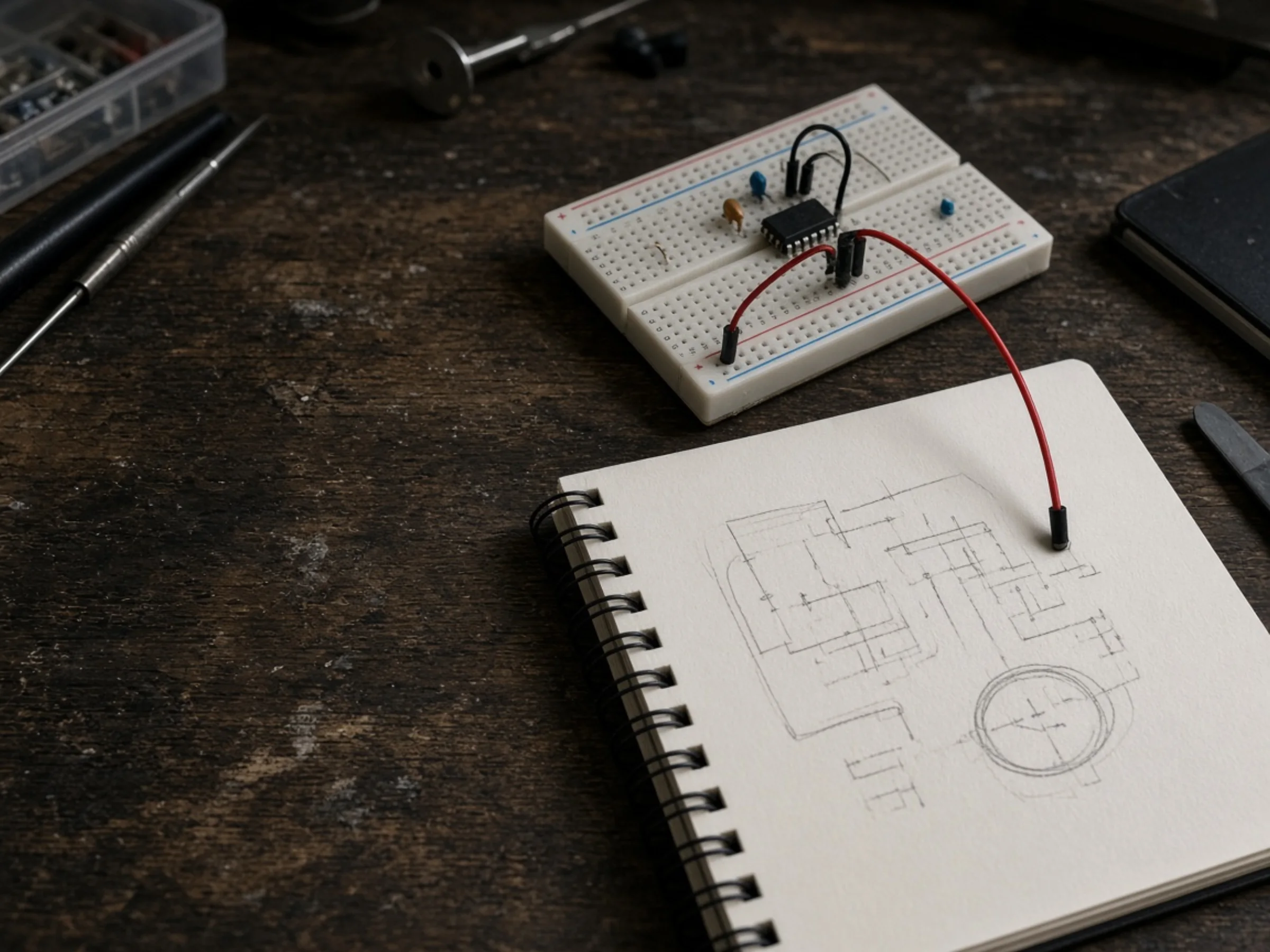 Un protoboard y un cuaderno abierto sobre una mesa oscura.