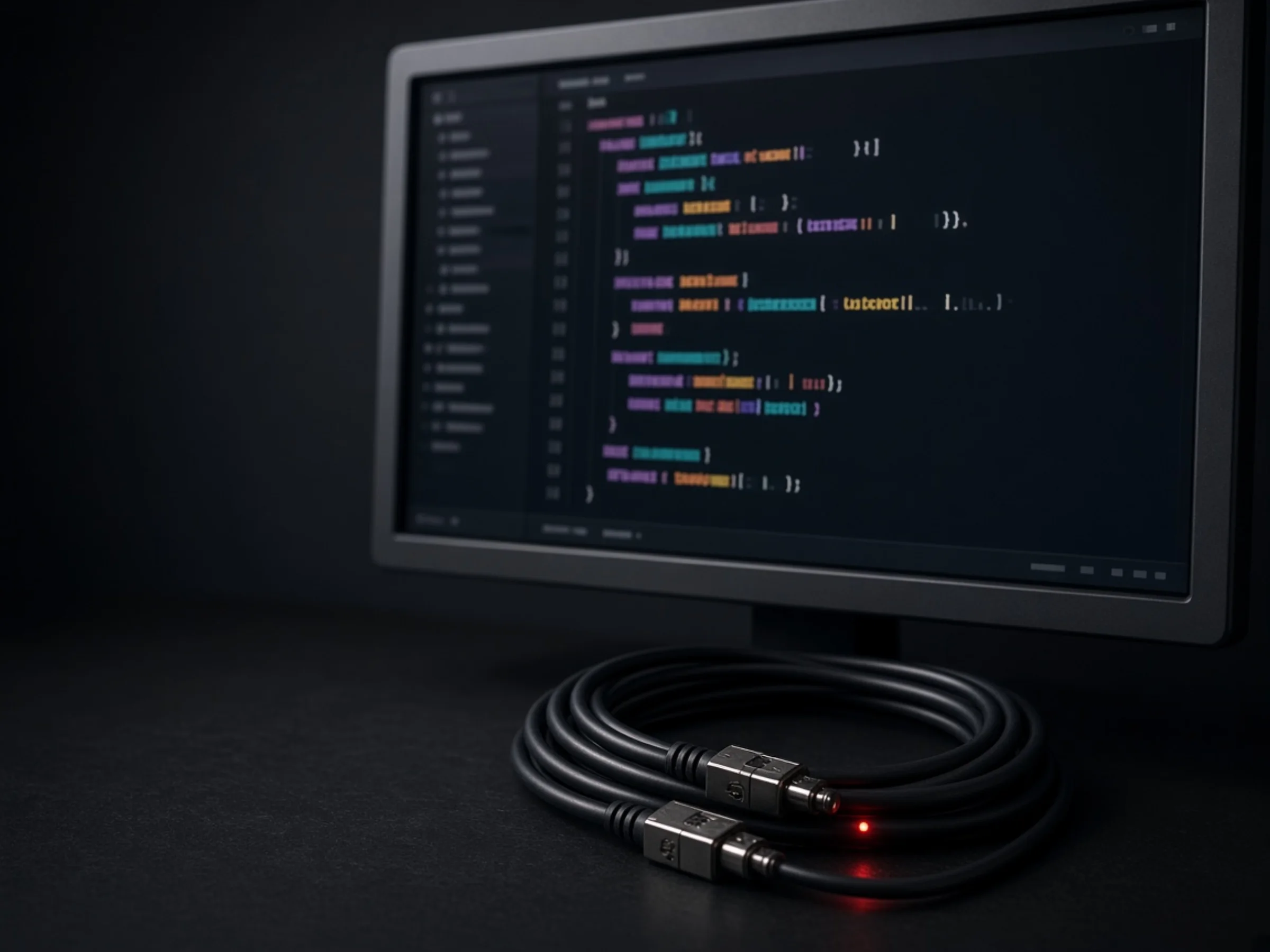 Un editor y cables sobre un escritorio oscuro.