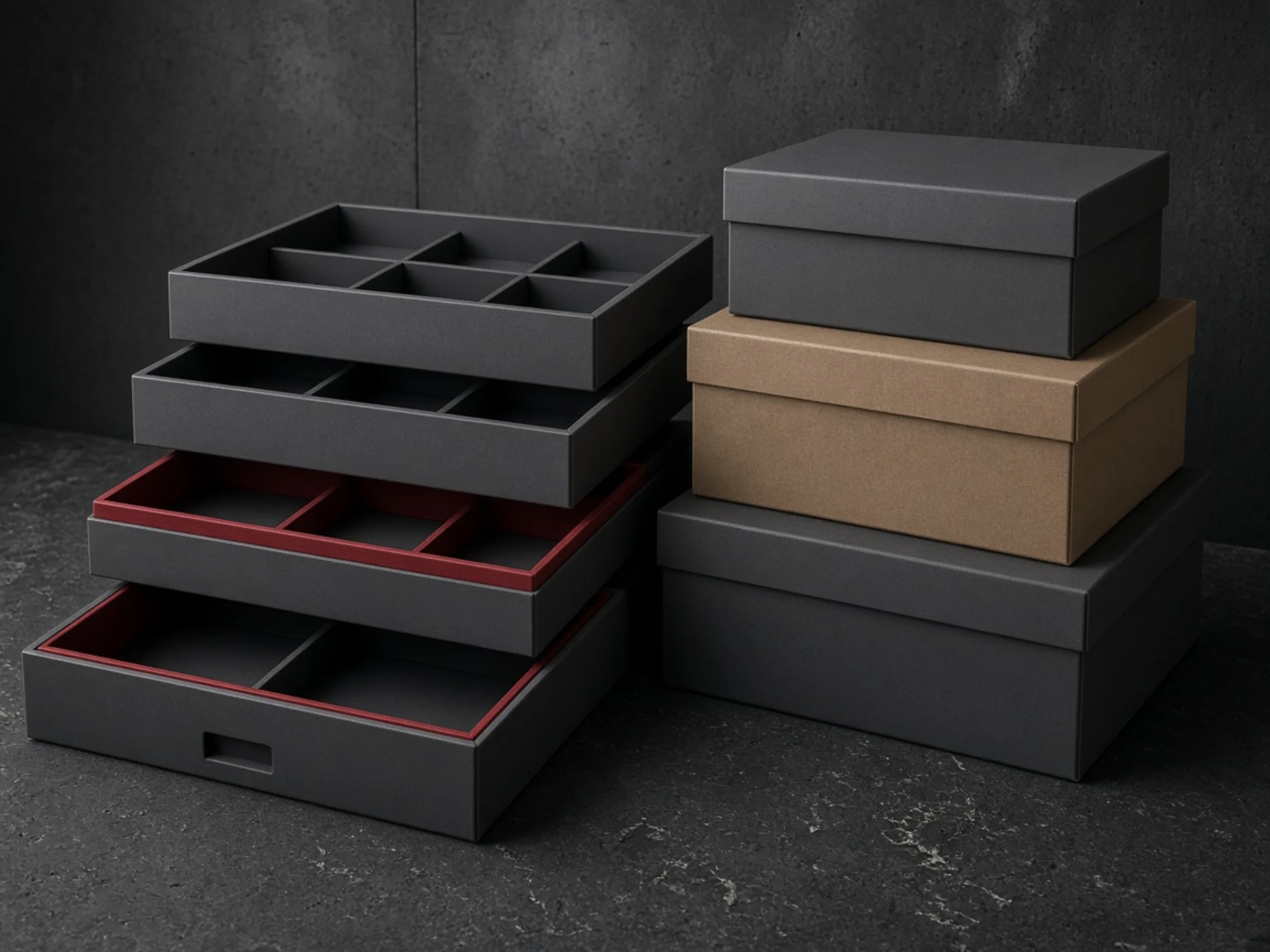 Módulos y cajas sobre una mesa oscura.