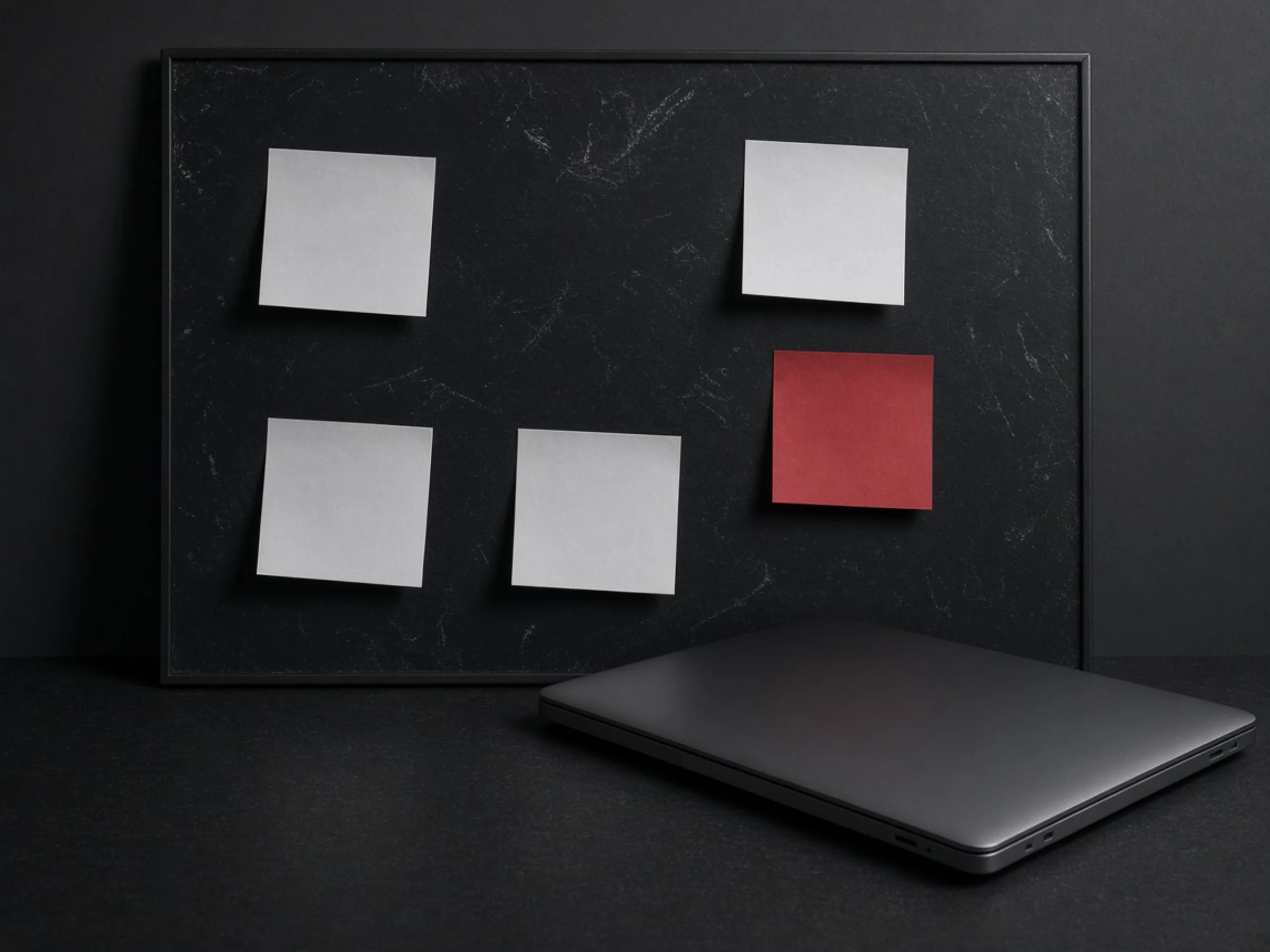 Un tablero y un portátil sobre una mesa de trabajo oscura.