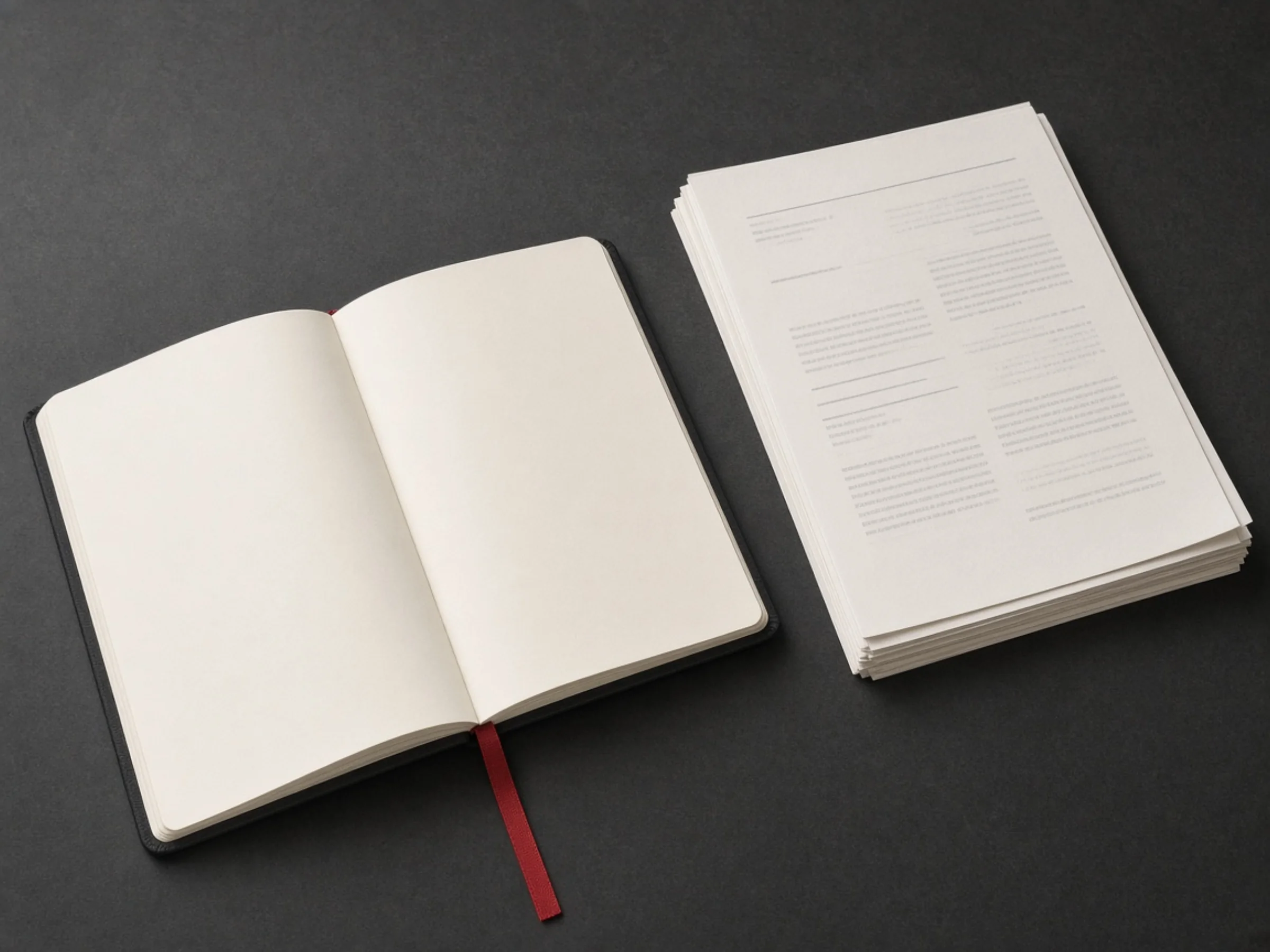 Un cuaderno y páginas sueltas sobre una mesa oscura.