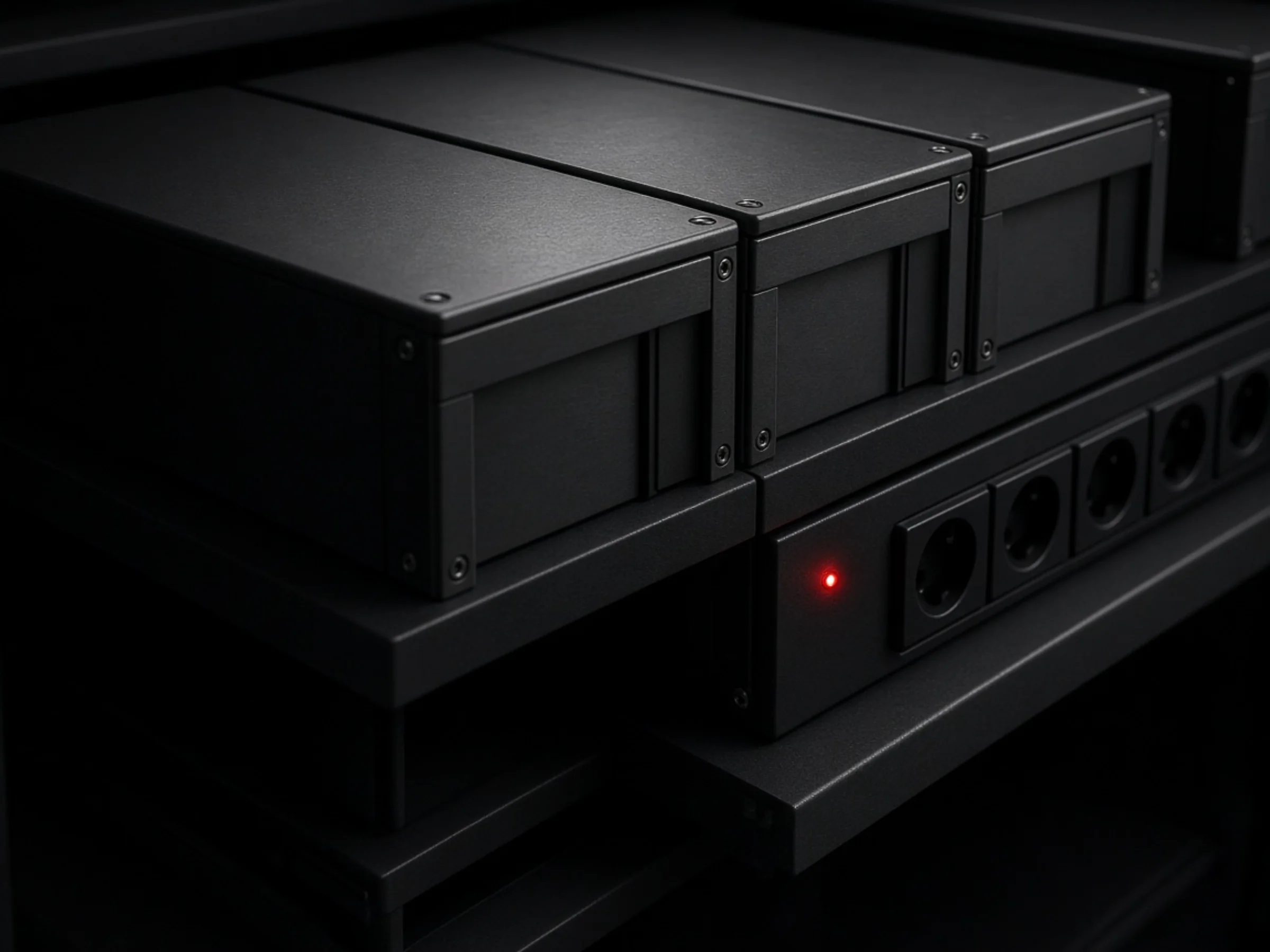 Cajas de servidor y un cable de red sobre un escritorio oscuro.