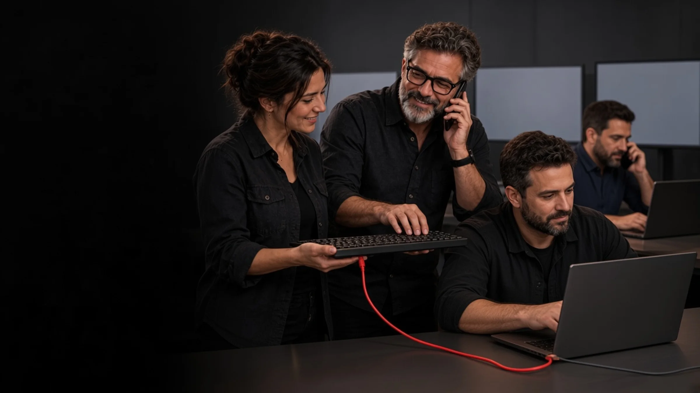 Tres personas en un taller: un técnico ayuda a un empleado con un portátil, otra habla por teléfono.