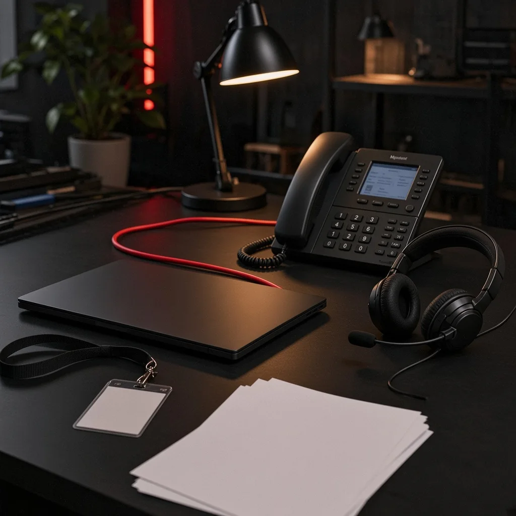Puesto de soporte con portátil, teléfono de mesa, auriculares y una tarjeta de acceso.