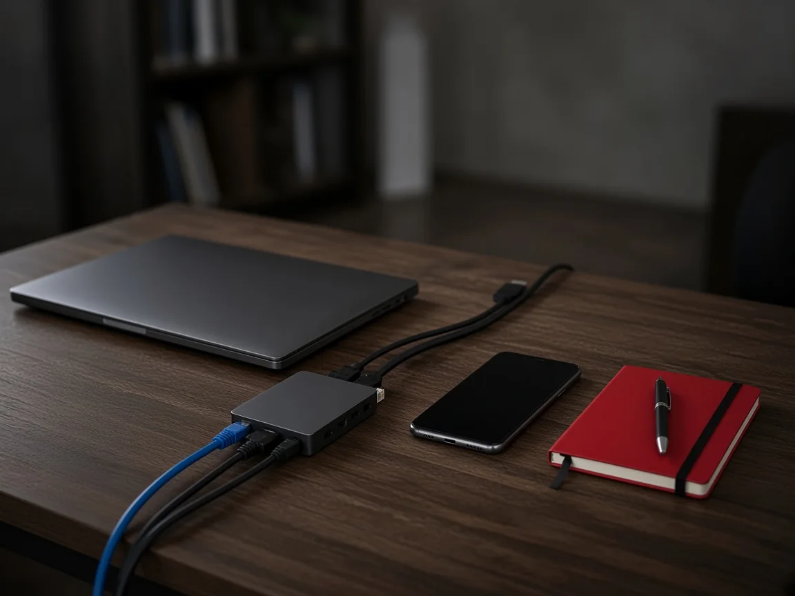 Dispositivos y cables conectados a un concentrador sobre un escritorio oscuro.