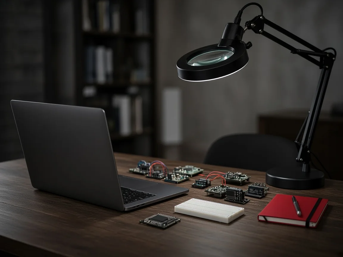 Una mesa de trabajo con protoboard, módulos y un portátil cerrado, en un escritorio oscuro.