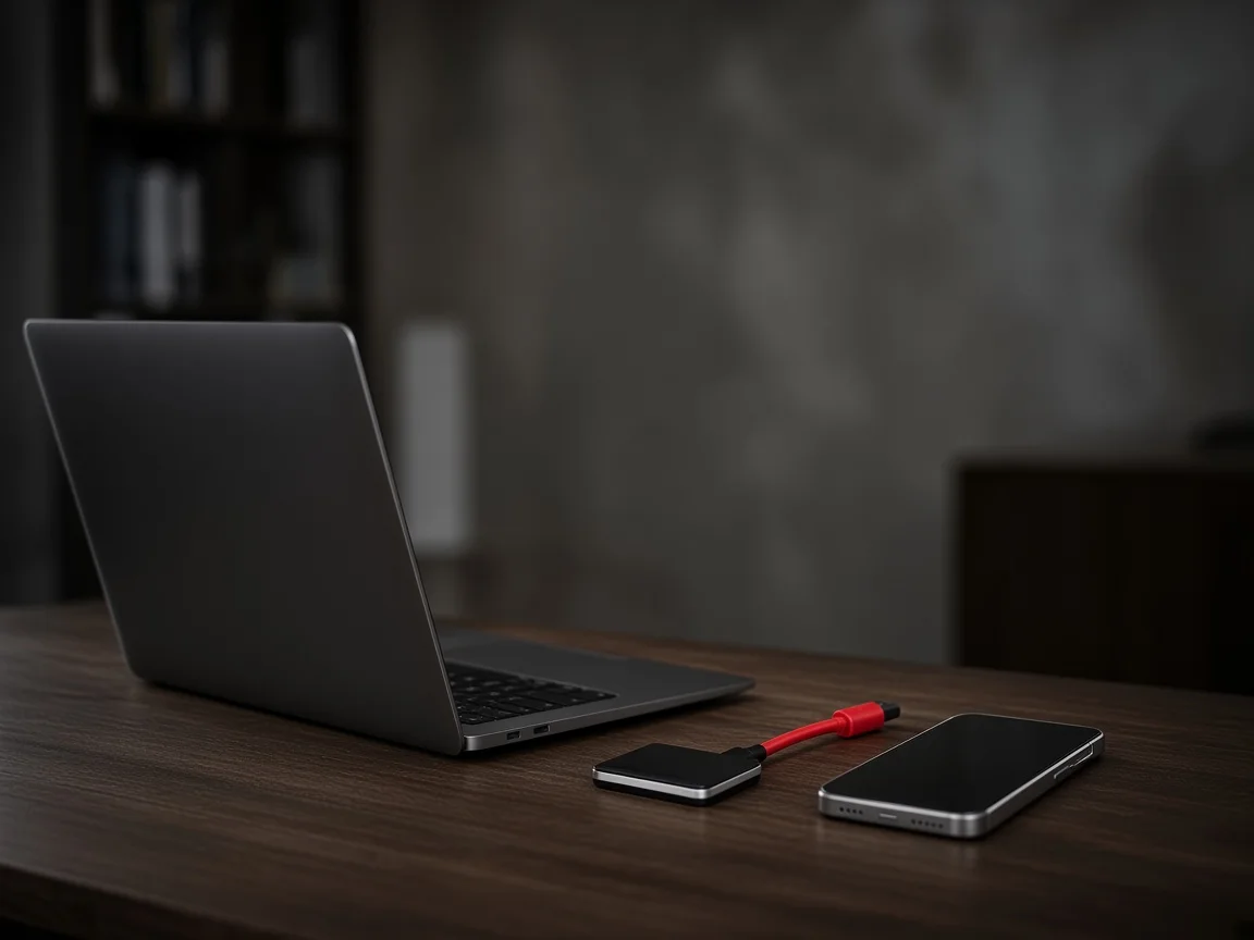 Un teléfono y un dispositivo junto a un portátil abierto de lado, sobre un escritorio oscuro.