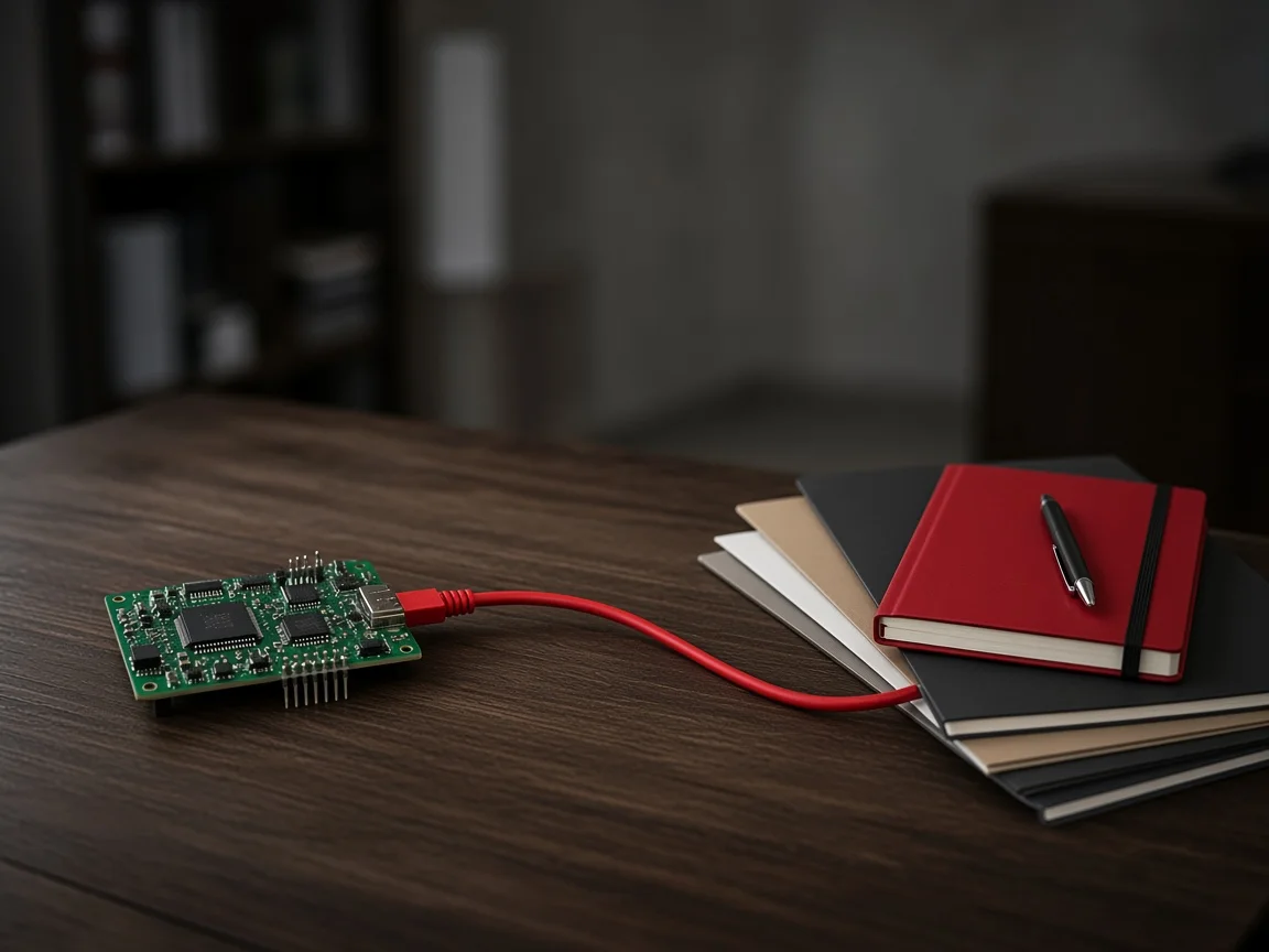 Un prototipo unido por un cable rojo a una pila de carpetas, sobre un escritorio oscuro.