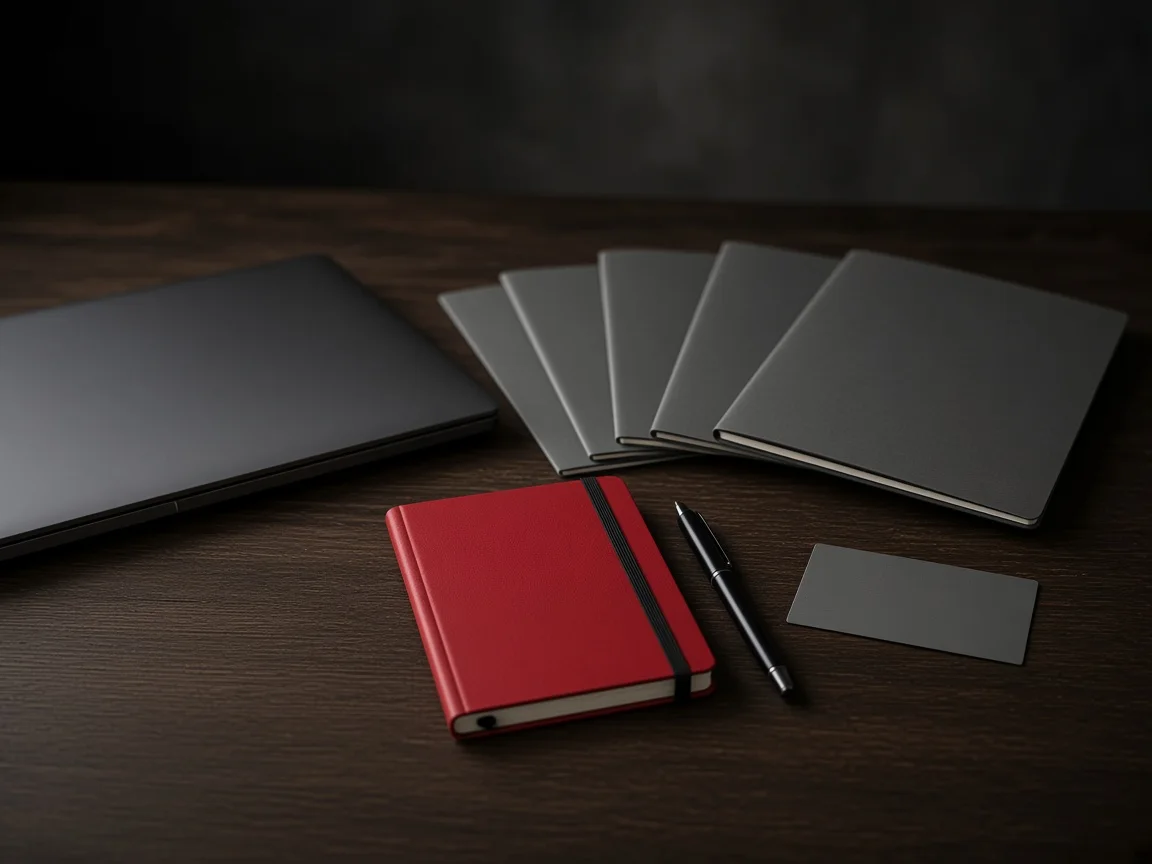 Varios cuadernos y un cuaderno rojo elegido entre las opciones, sobre un escritorio oscuro.