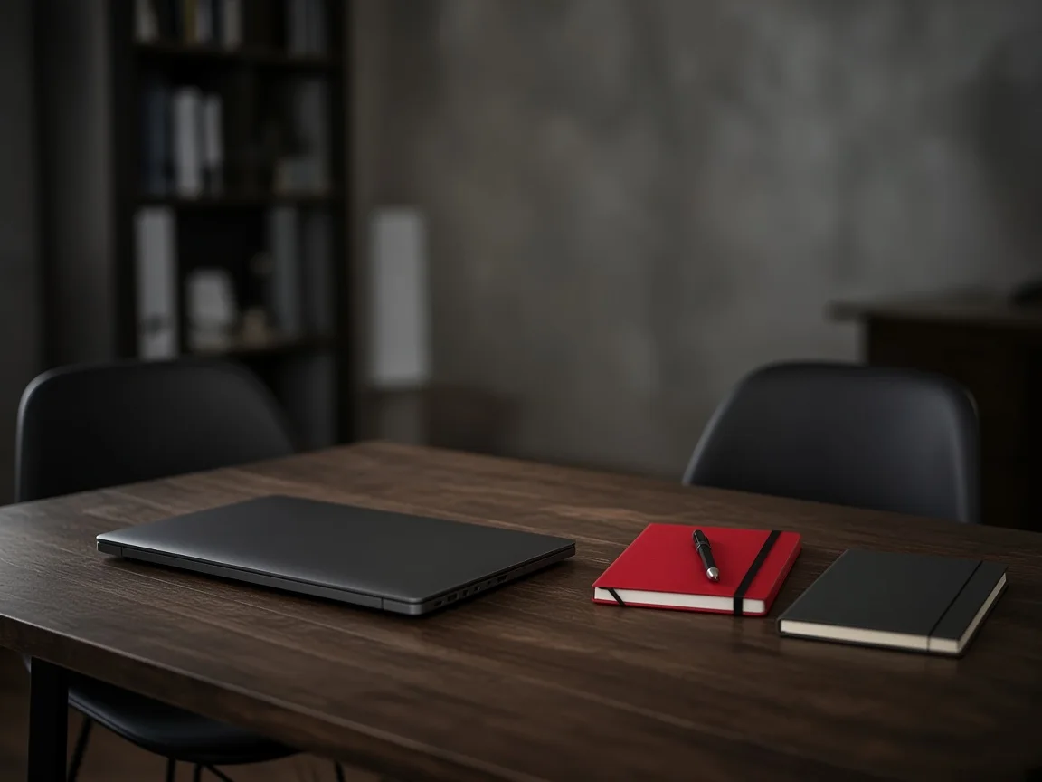 Dos sillas ante una mesa con portátil y cuadernos, en un ambiente oscuro.