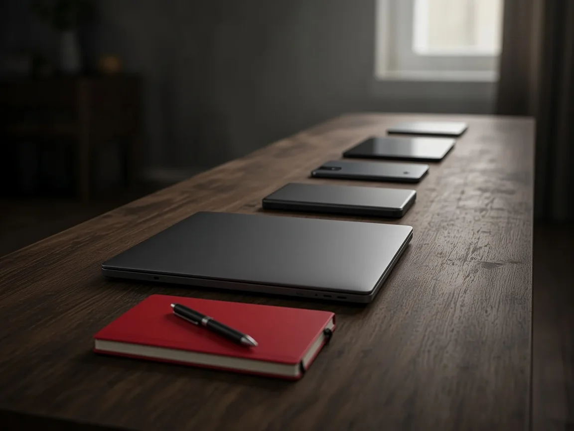 Una línea de dispositivos que se aleja hacia la luz, con un cuaderno rojo en primer plano.