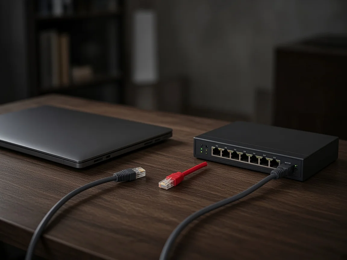 Un portátil y un conmutador de red con cables que no se encuentran, sobre un escritorio oscuro.
