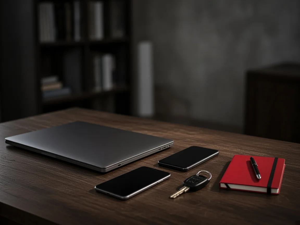 Dos teléfonos, un portátil cerrado y un cuaderno rojo sobre un escritorio oscuro.