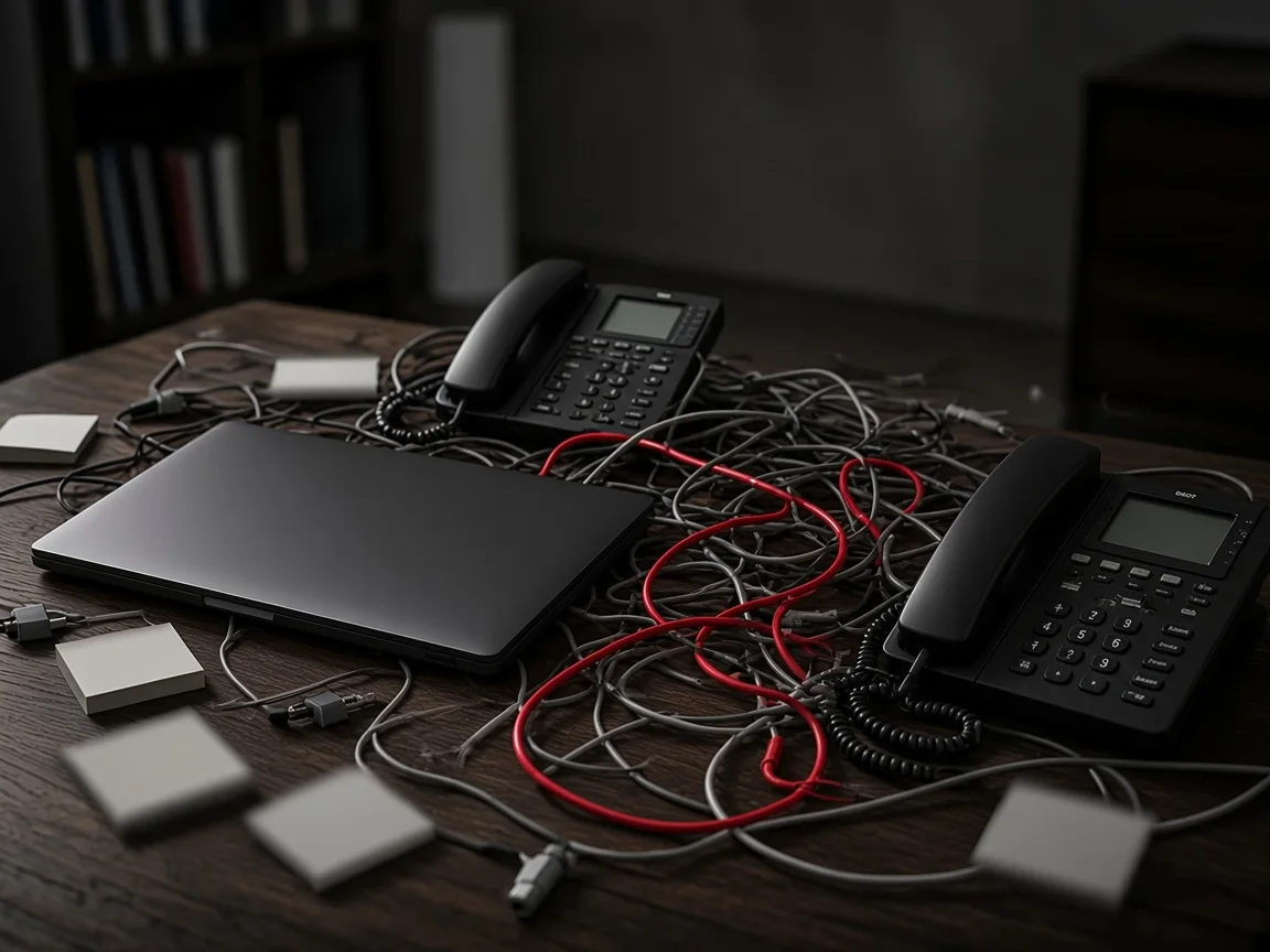 Escritorio desordenado con cables, teléfonos y un portátil entre papeles.