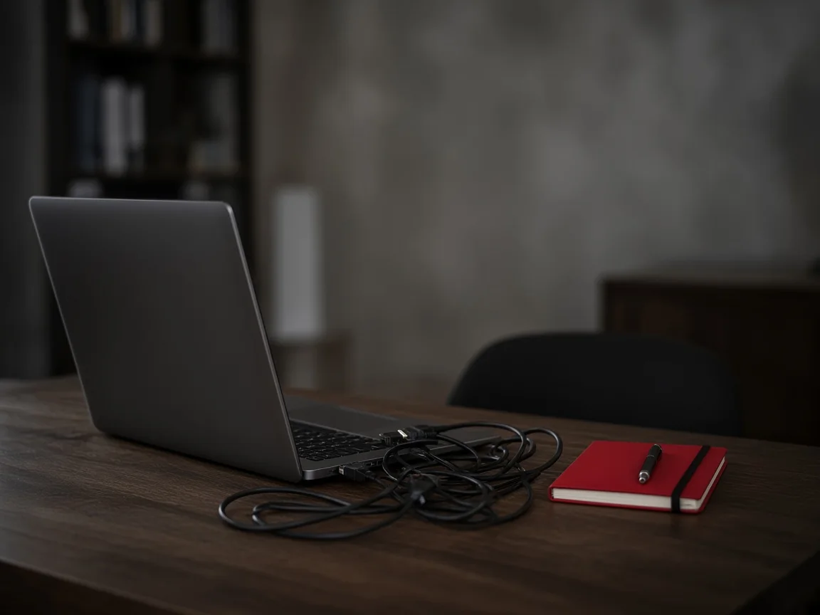 Un portátil abierto de lado, cables enredados y un cuaderno rojo sobre un escritorio oscuro.