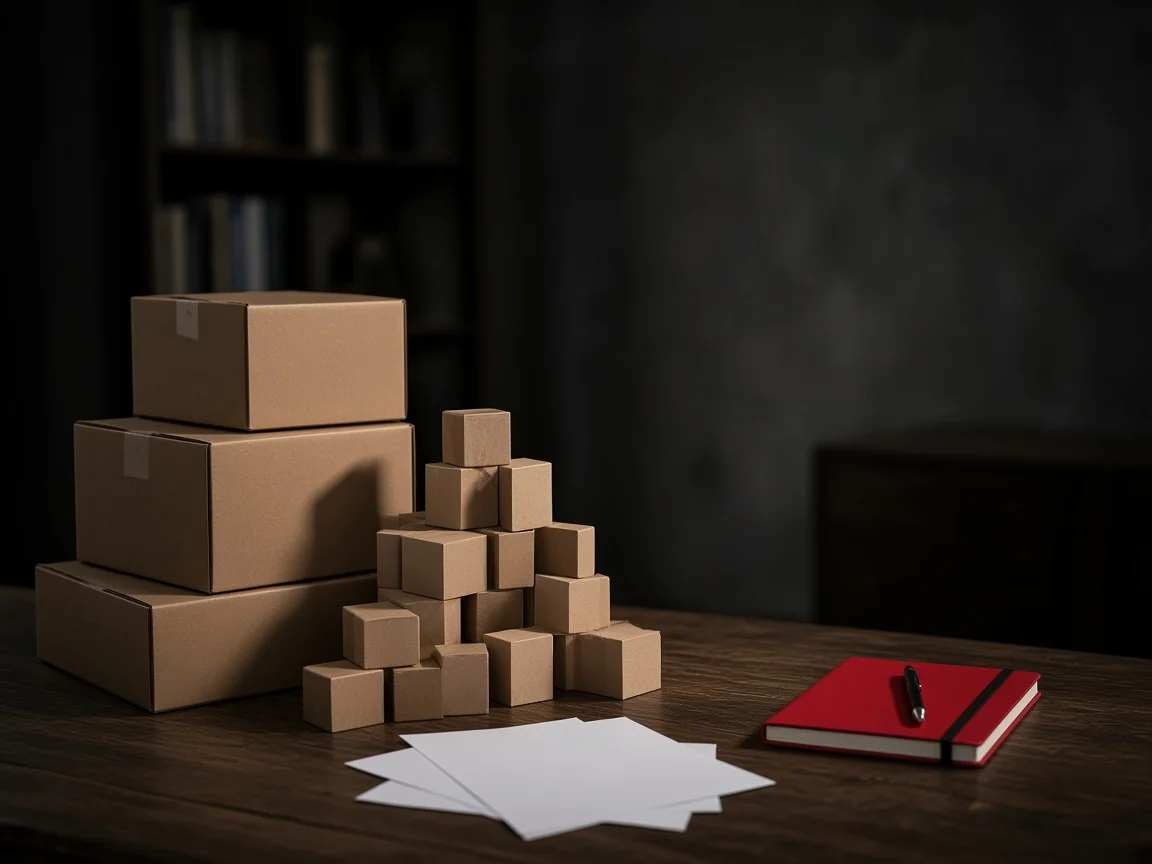 Cajas y bloques que no alinean, papeles y un cuaderno rojo sobre un escritorio oscuro.
