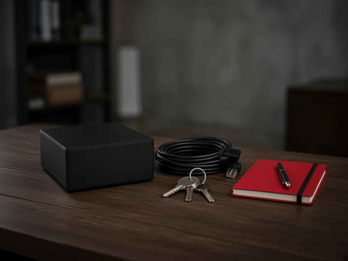 Un aparato de red, cables enrollados y llaves sobre un escritorio oscuro.
