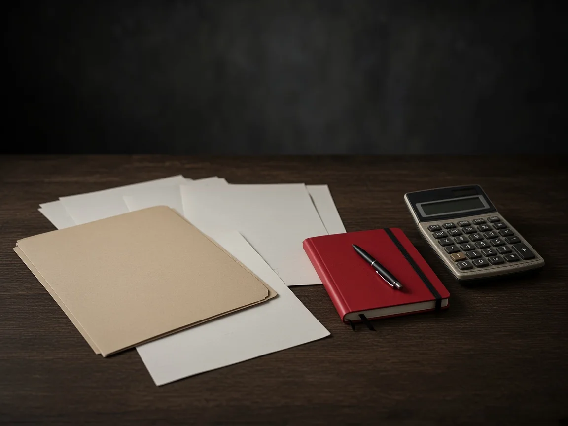 Hojas sueltas, carpetas que no encajan y una calculadora sobre un escritorio oscuro.
