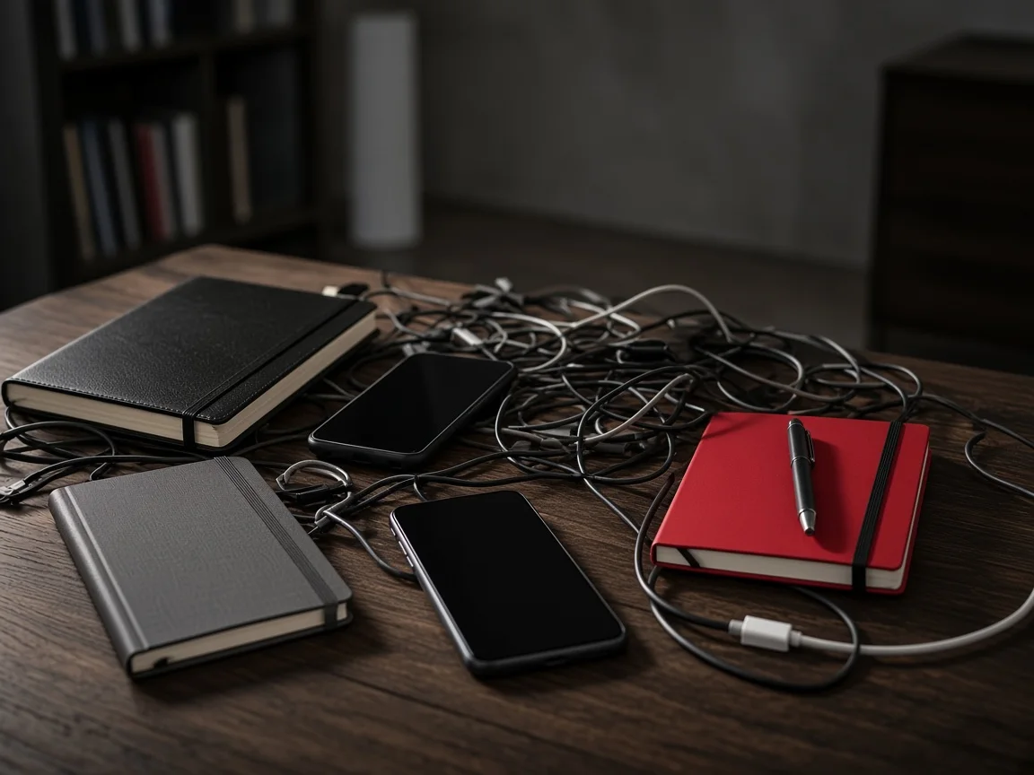 Varios cuadernos, teléfonos y cables mezclados sobre un escritorio oscuro.