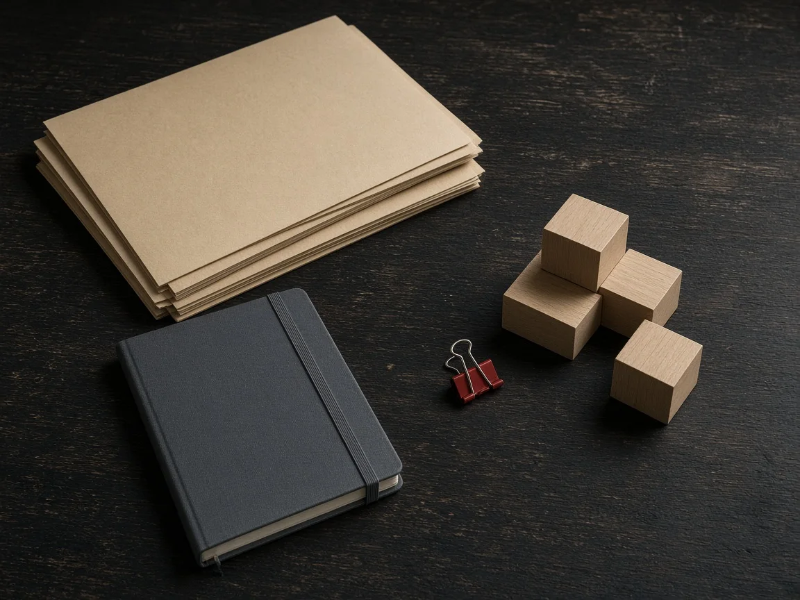 Carpetas, un cuaderno y bloques de proceso sobre un escritorio oscuro.