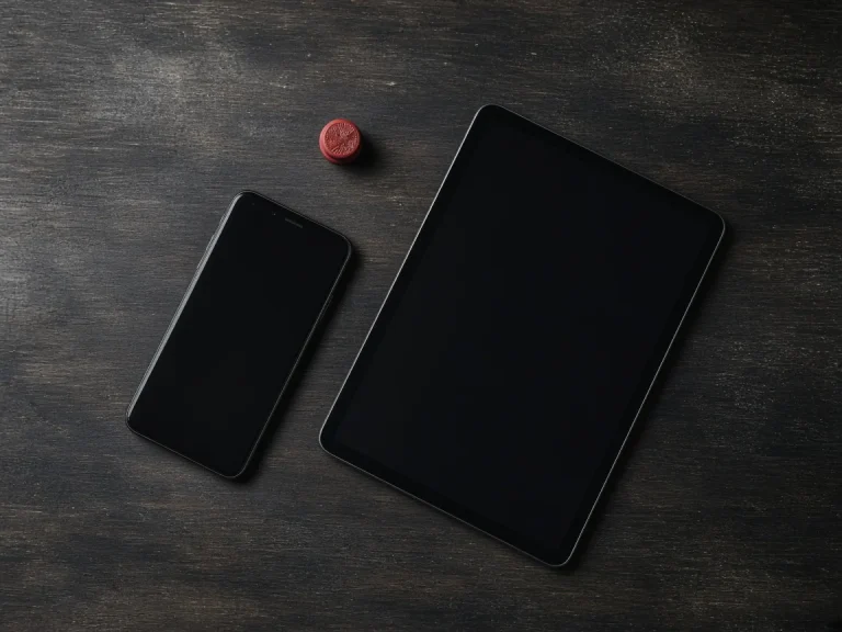 Un teléfono y una tableta sobre una mesa oscura.