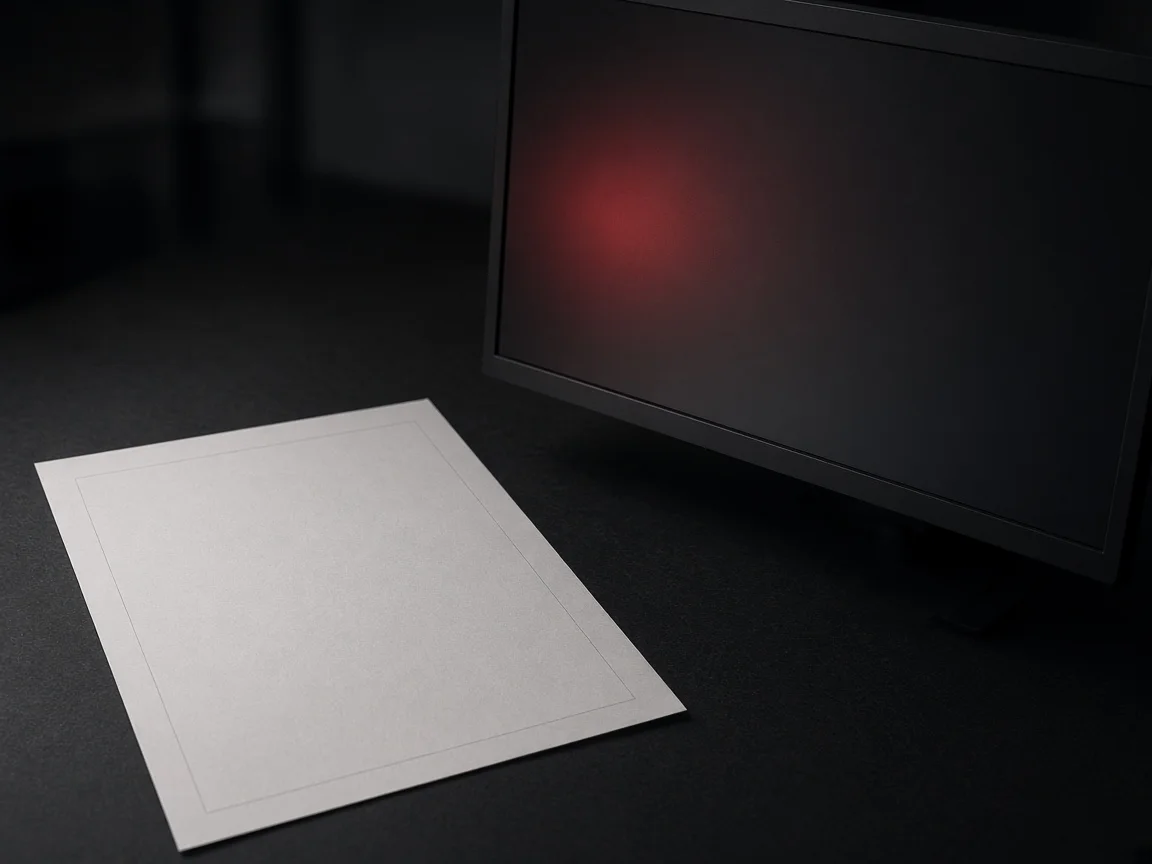Un documento y una pantalla oscura sobre un escritorio.