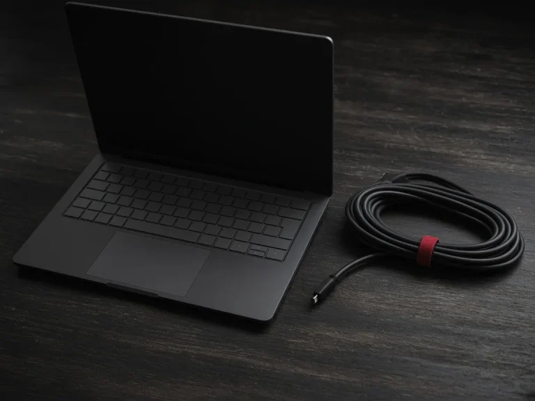 Un portátil y cables sobre una mesa oscura.