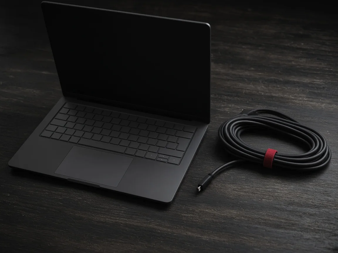 Un portátil y cables sobre una mesa oscura.