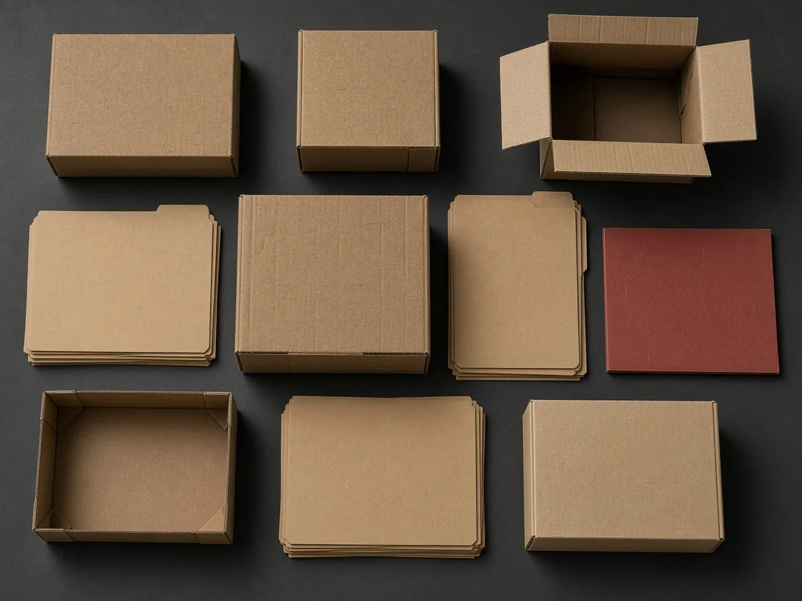Cajas y carpetas sin etiquetas sobre un escritorio oscuro.