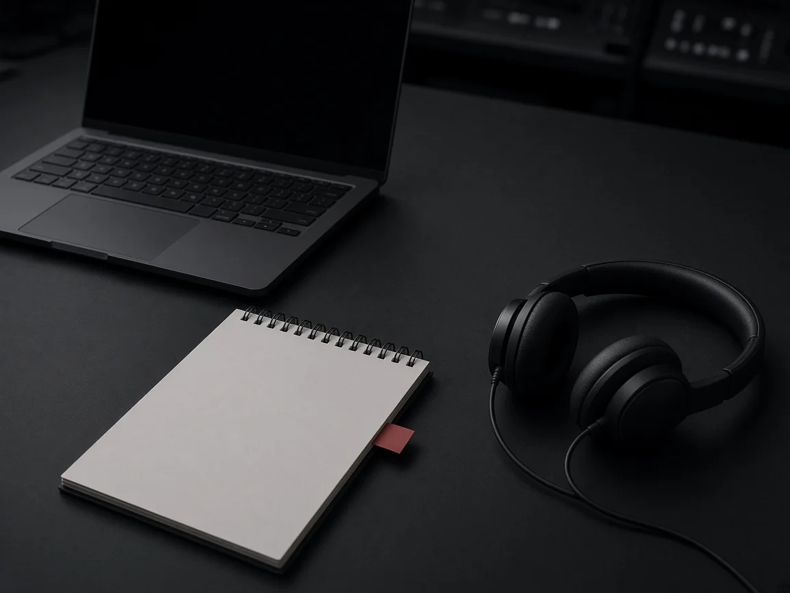 Un portátil, un bloc y unos auriculares sobre un escritorio de operaciones.