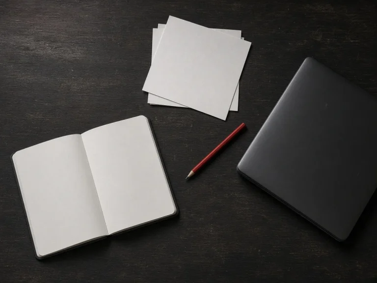 Un cuaderno abierto, páginas sueltas y un lápiz rojo sobre una mesa oscura.