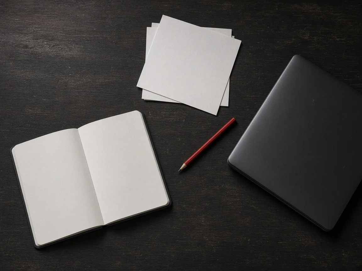 Un cuaderno abierto, páginas sueltas y un lápiz rojo sobre una mesa oscura.
