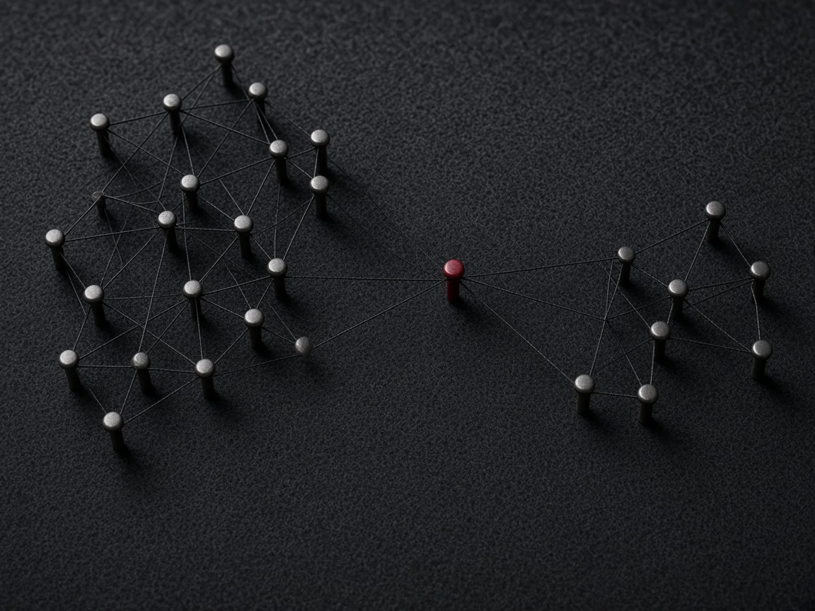 Dos grupos de nodos unidos a un único pin rojo sobre un fieltro oscuro.