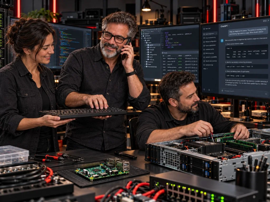 Tres personas trabajan en un taller: una sostiene un teclado, otra habla por teléfono y otra atiende un servidor abierto, con una Raspberry Pi en la mesa.