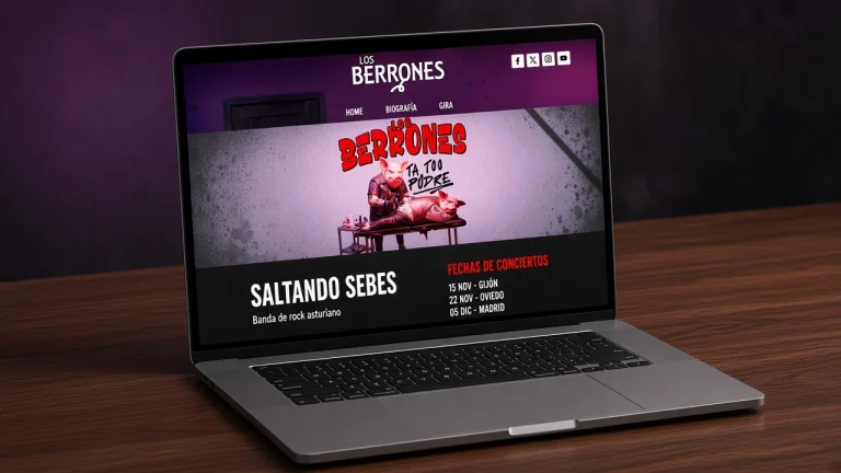 Portátil con la web de Los Berrones: fechas de concierto y contratación.