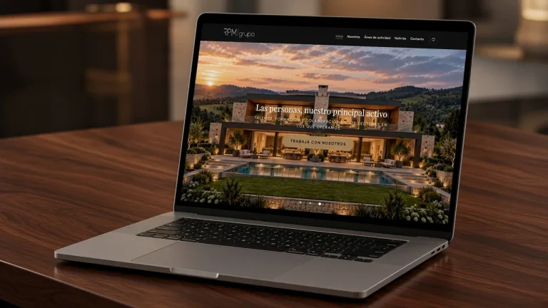 Portátil con la web de Grupo RPM: villa al atardecer y el logo del grupo.