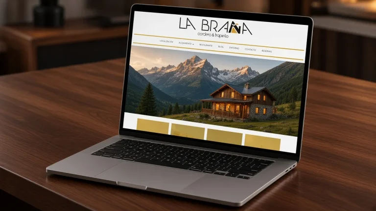 Portátil con la web de Hotel La Braña: logo y menú de alojamiento de montaña.