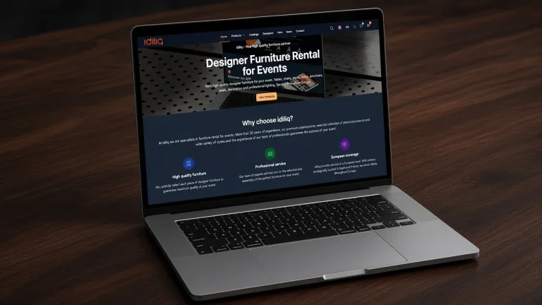 Portátil con la web de idiliq: alquiler de mobiliario de diseño para eventos.